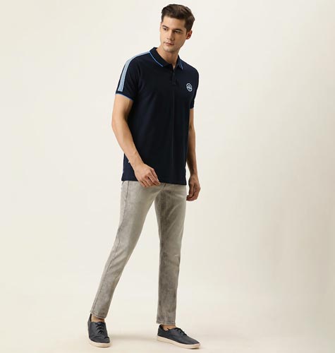 Men Navy Blue Brand Logo Printed Polo Collar Slim Fit Pure Cotton T-shirt